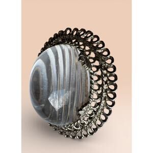 Vintage MCM Lucite Cabochon Openwork Filigree Brooch Silver Tone 60s 70s